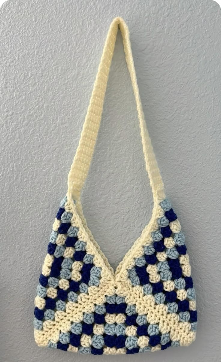 Handmade Crochet Granny Square Shoulder Bag | Unn.studio | Blue Checkered Boho Tote Handbag